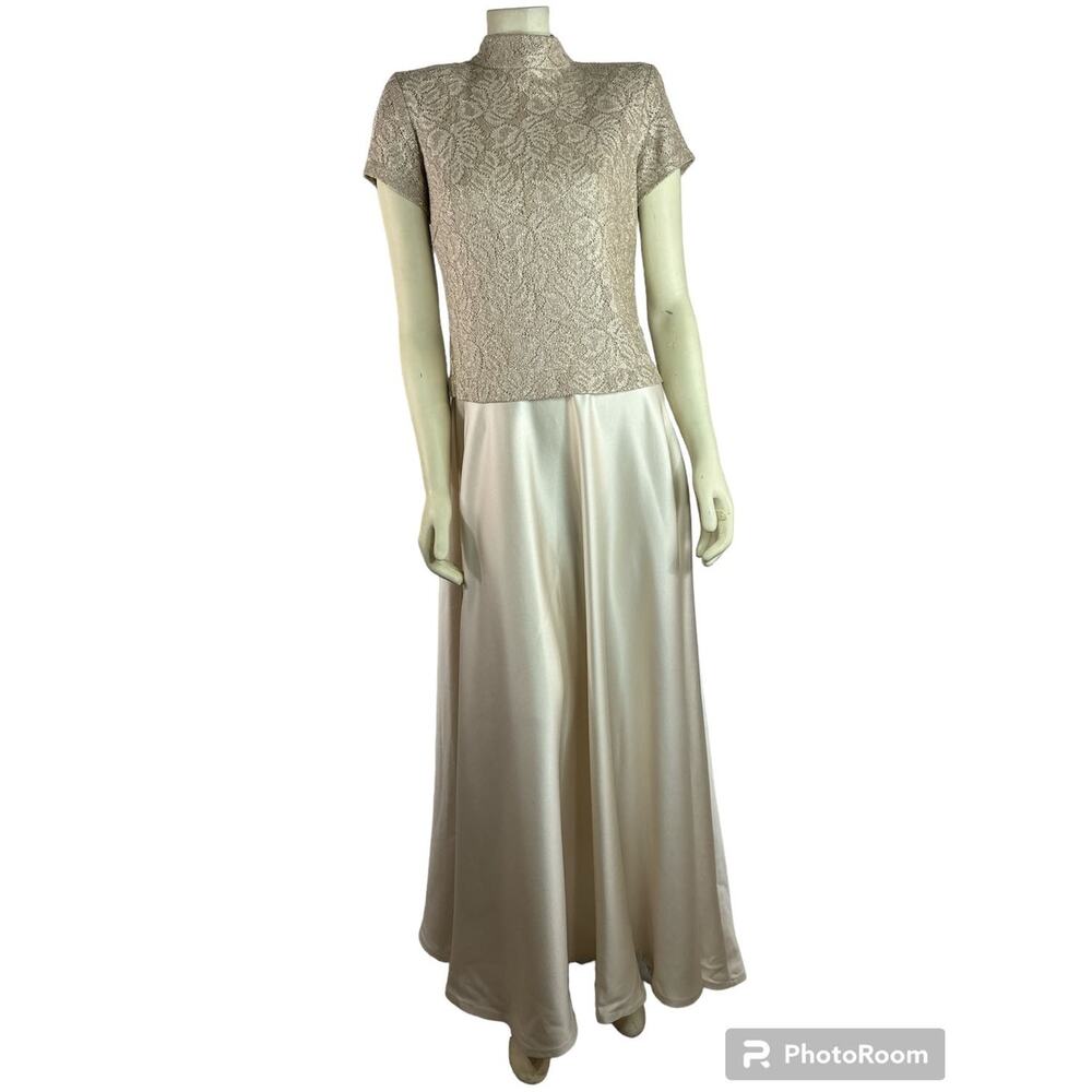 Vintage Y2K Bari Jay Champaign Maxi Dress Gown lace bodice full skirt size 11-12
